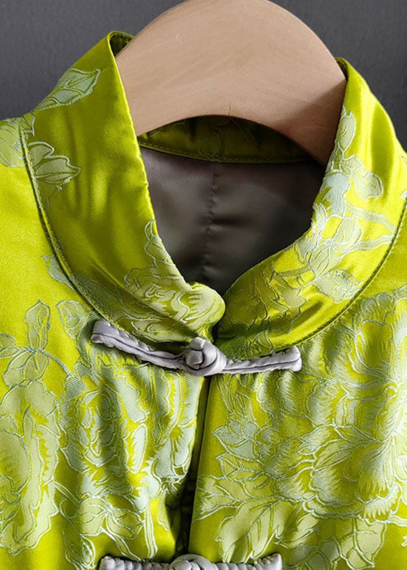 Jacquard De Soie Verte Fine Boutons Chinois Manteaux Remplis De Coton Fin Hiver - Doudounes femmes