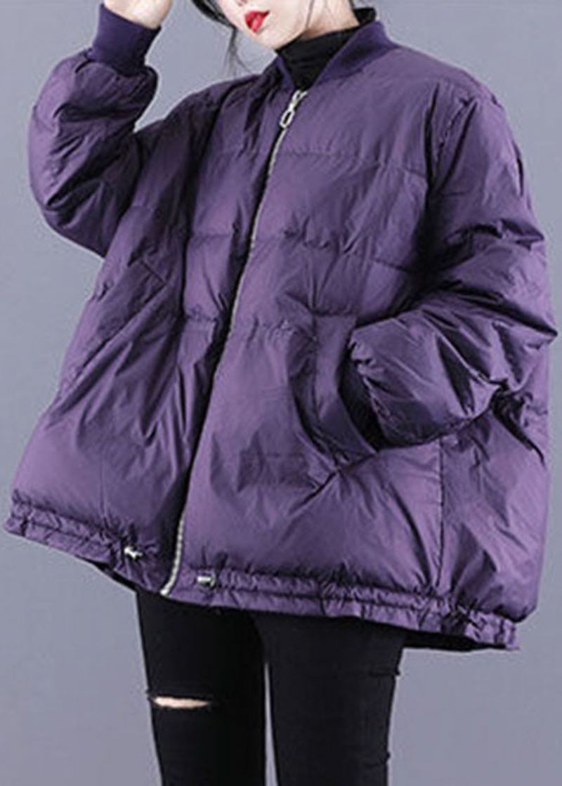 Luxe Violet Poches Zippées Cordon Hiver Vers Le Bas Manteaux À Manches Longues - Doudounes femmes
