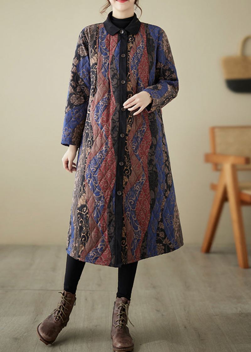 Magnifique Parka Longue Bleue Avec Col Peter Pan Et Boutons Remplis De Coton Pour L'hiver - Doudounes femmes