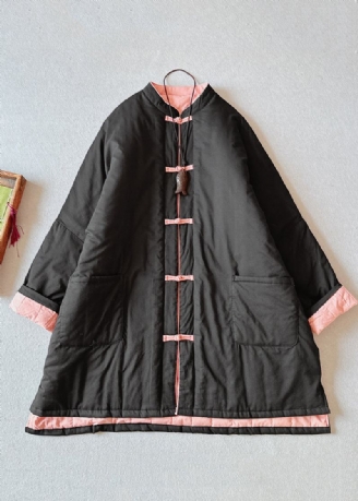 Manteau Ample Pour Femme Poches Noires Bouton Chinois Rempli De Coton Fin Hiver
