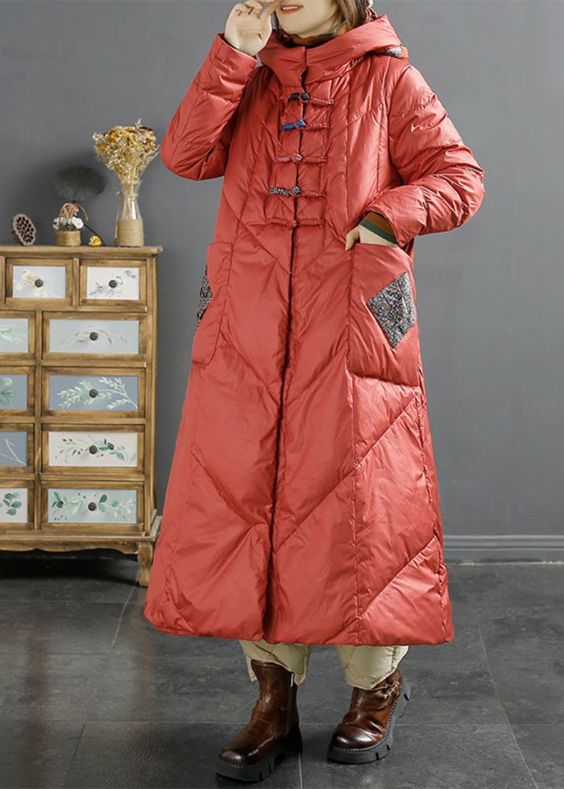 Manteau Bouffant En Duvet De Canard Avec Poches À Capuche Et Boutons Chinois Rétro Hiver - Doudounes femmes