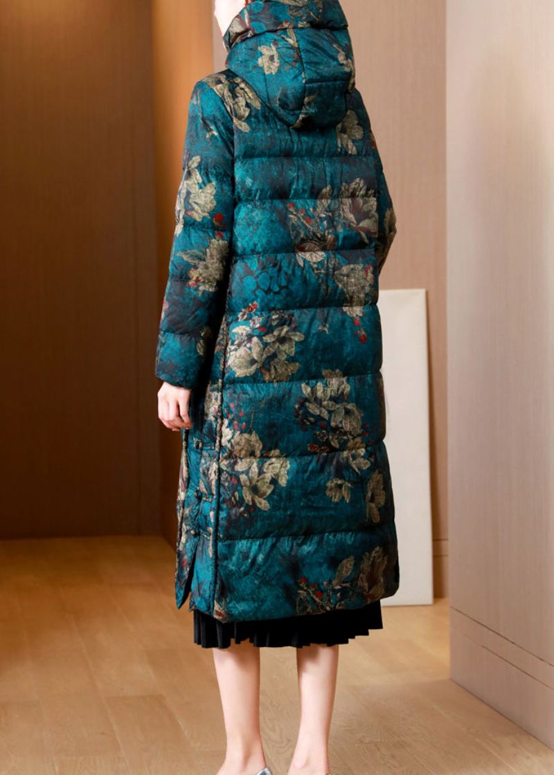 Manteau Bouffant En Duvet De Canard Pour Femme Poches Imprimées Vertes Boutons Chinois Hiver - Doudounes femmes