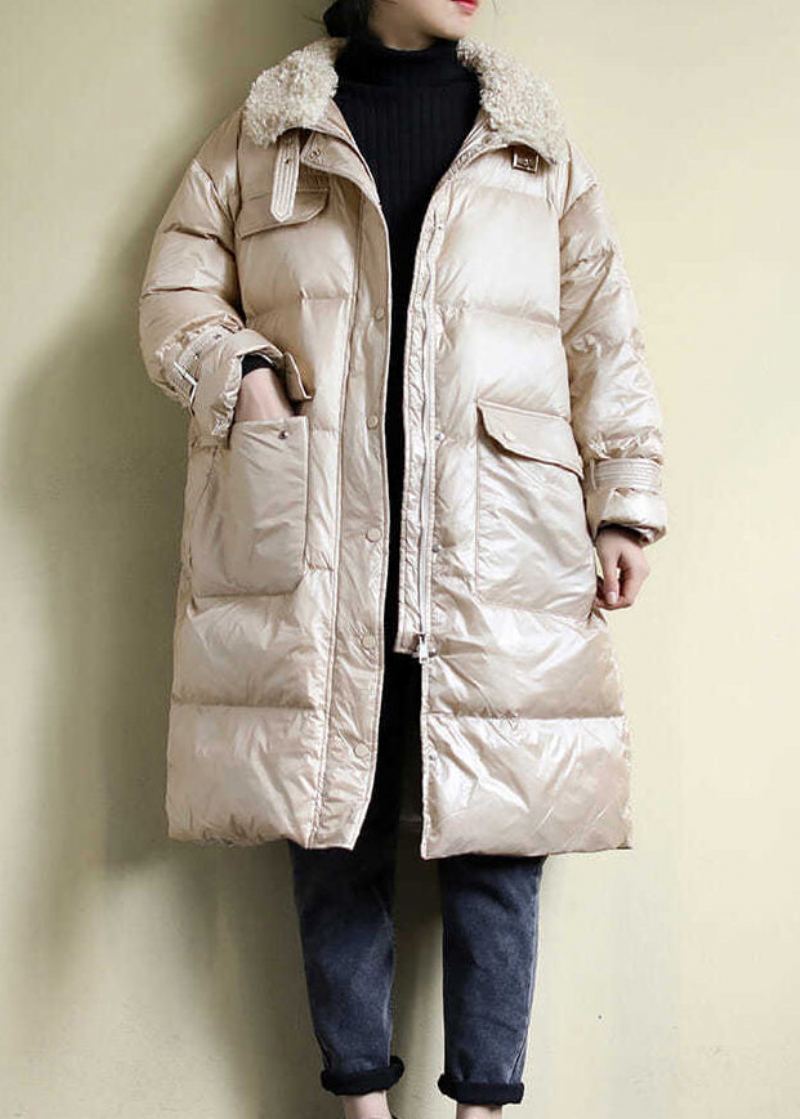 Manteau Bouffant Rempli De Coton Fin Avec Poches Kaki Amples Et Col En Peluche Pour L'hiver - Doudounes femmes
