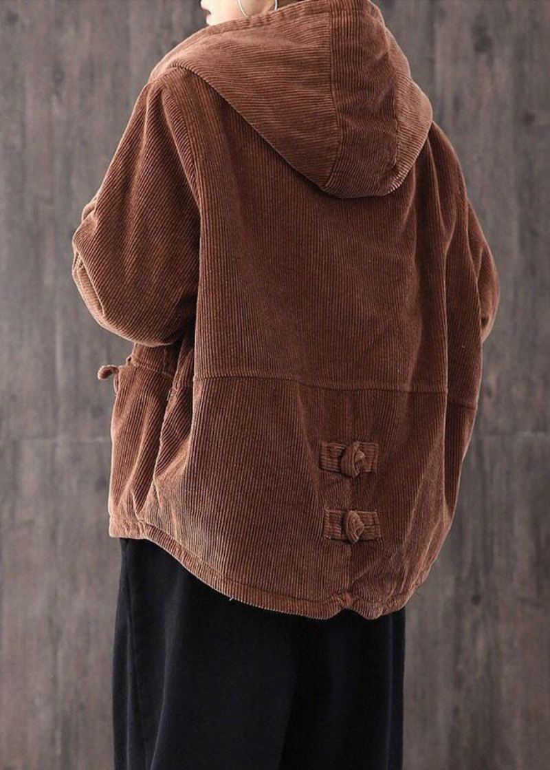 Manteau À Capuche En Velours Côtelé Épais Et Fin En Coton Chocolat Pour L'hiver - Café