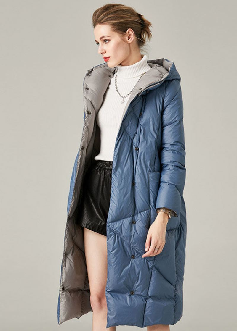 Manteau Décontracté Bleu À Capuche Avec Poches En Duvet De Canard Pour L'hiver - Bleu