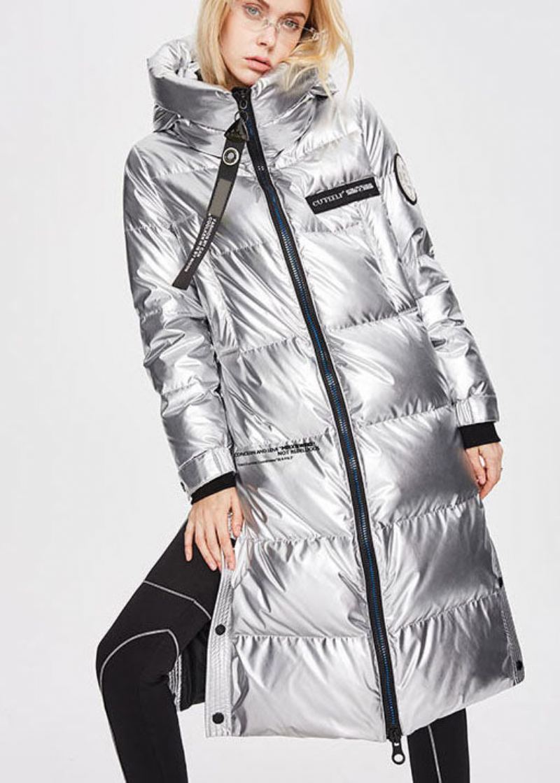 Manteau En Duvet De Canard Bleu Denim Simple Fermeture Éclair Long Et Chaud À La Mode Hiver
