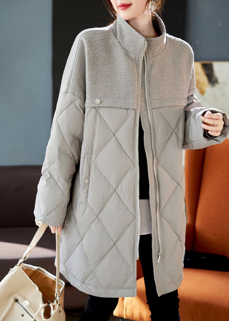 Manteau En Duvet De Canard Gris En Laine Élégant Patchwork Hiver - Doudounes femmes