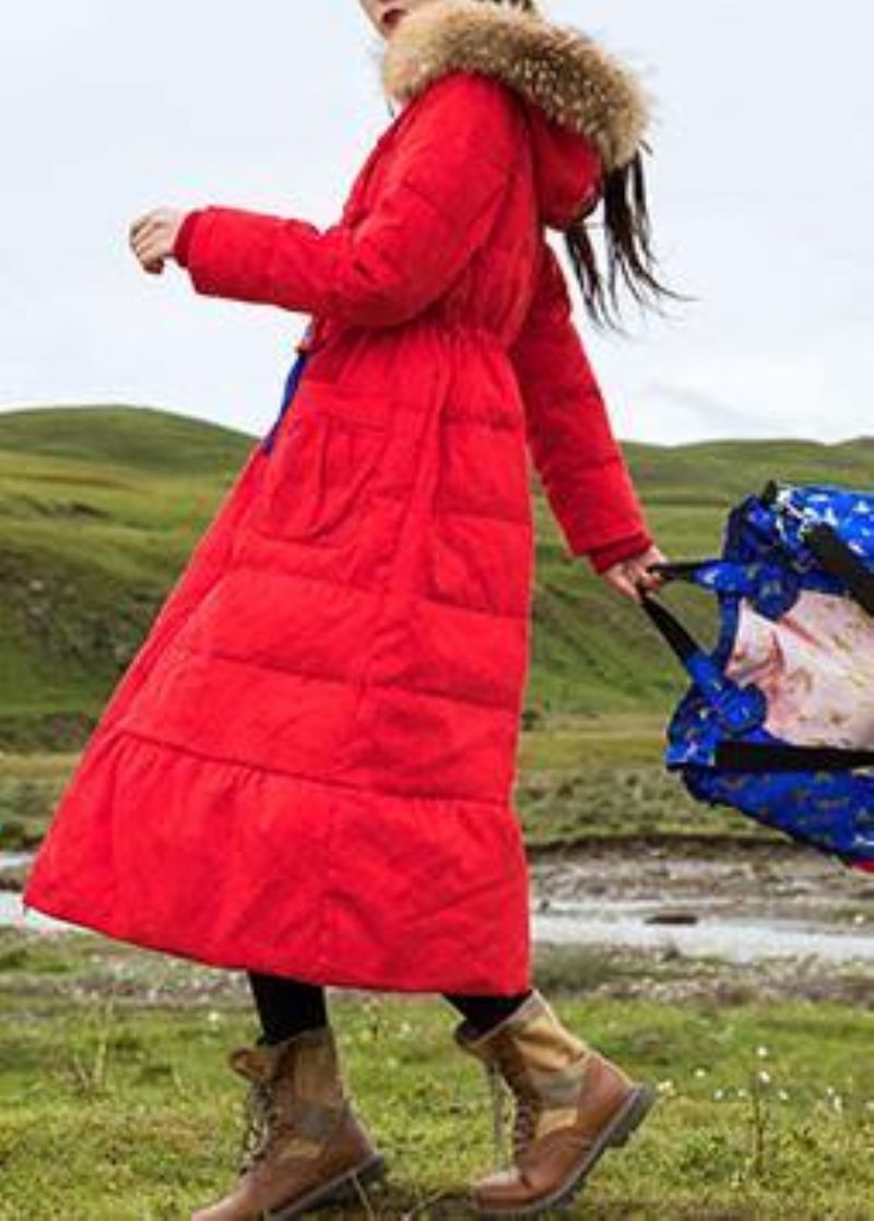 Manteau En Duvet De Canard Rouge Oversize Broderie Parka Femme À Capuche Nouveaux Manteaux - Doudounes femmes