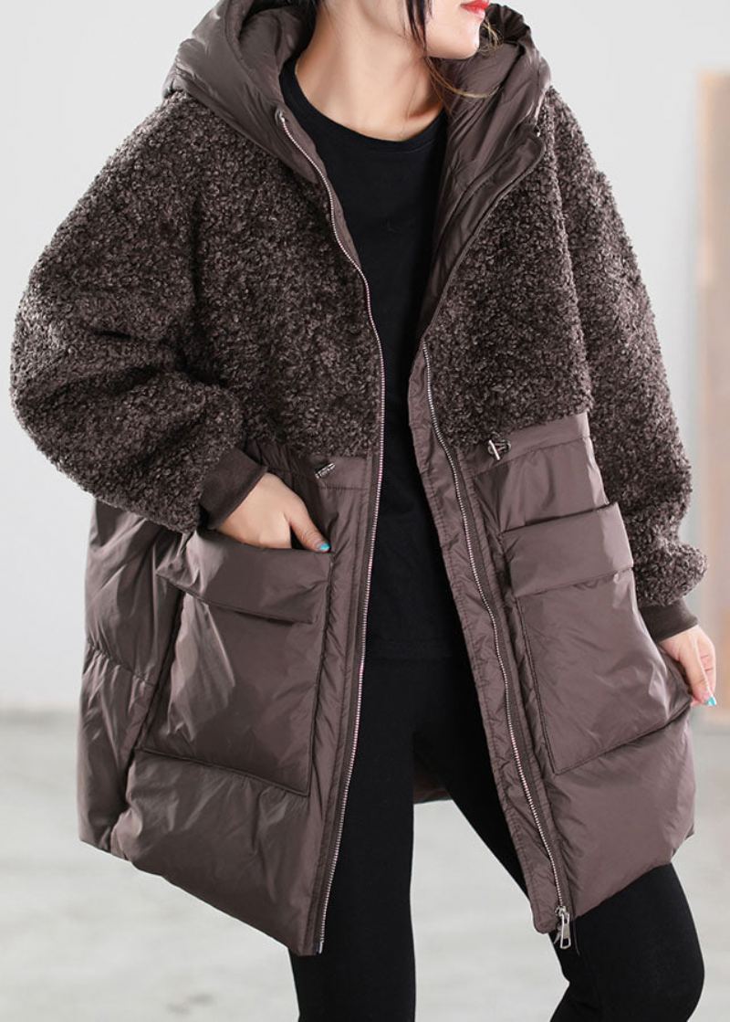 Manteau En Duvet En Fausse Fourrure Pour Femme Beige Fermeture Éclair Patchwork Hiver - Beige