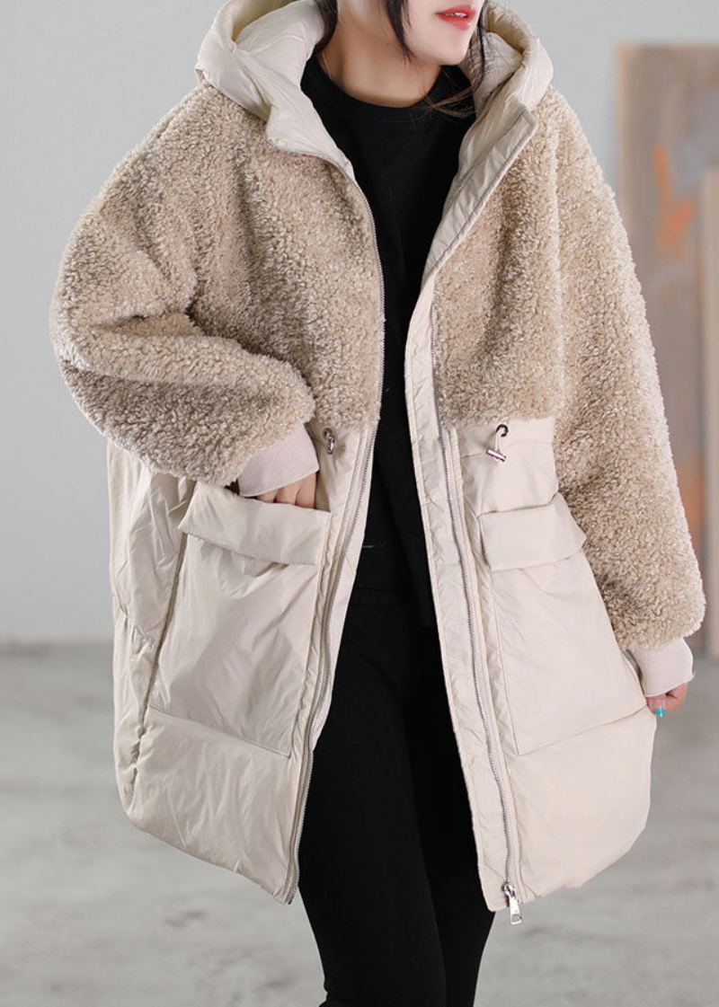 Manteau En Duvet En Fausse Fourrure Pour Femme Beige Fermeture Éclair Patchwork Hiver - Beige