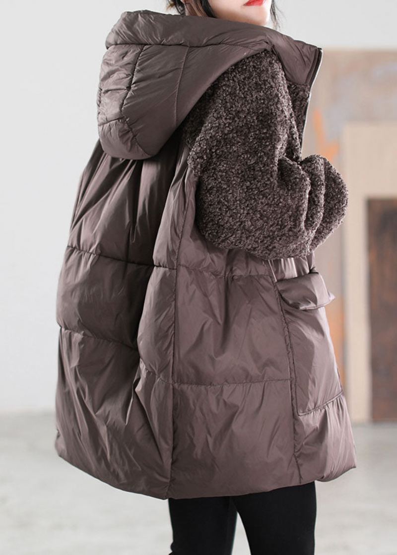 Manteau En Duvet En Fausse Fourrure Pour Femme Beige Fermeture Éclair Patchwork Hiver - Beige