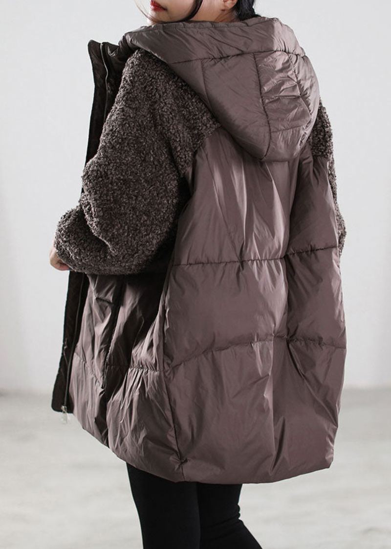 Manteau En Duvet En Fausse Fourrure Pour Femme Beige Fermeture Éclair Patchwork Hiver - Beige