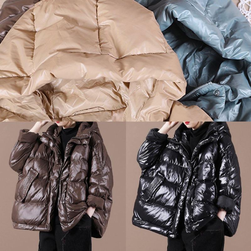 Manteau En Duvet Noir De Luxe Hiver Doudoune Ample À Capuche Manteaux Chauds À Fermeture Éclair - Noir