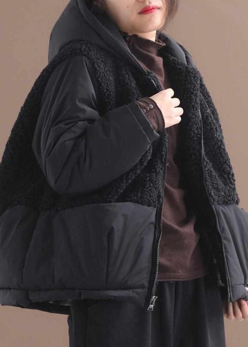 Manteau D'hiver À Capuche Noir À Manches Longues Et Fermeture Éclair En Patchwork - Doudounes femmes