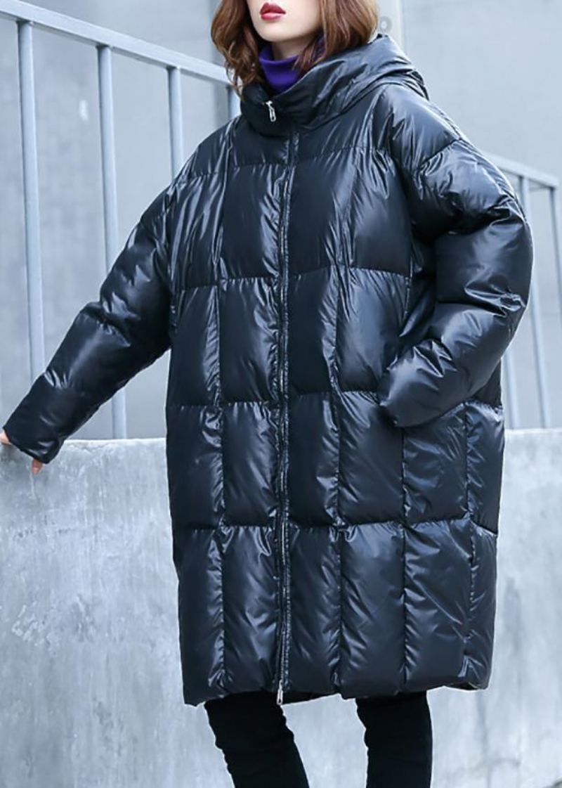 Manteau D'hiver Chaud Décontracté Grande Taille Pardessus Noir À Capuche Et Fermeture Éclair - Noir