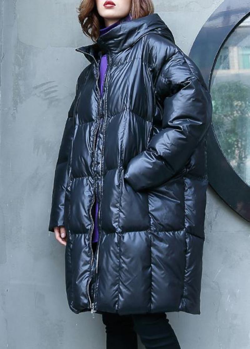 Manteau D'hiver Chaud Décontracté Grande Taille Pardessus Noir À Capuche Et Fermeture Éclair - Noir
