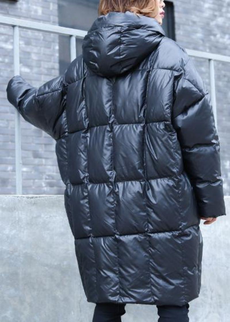 Manteau D'hiver Chaud Décontracté Grande Taille Pardessus Noir À Capuche Et Fermeture Éclair - Noir