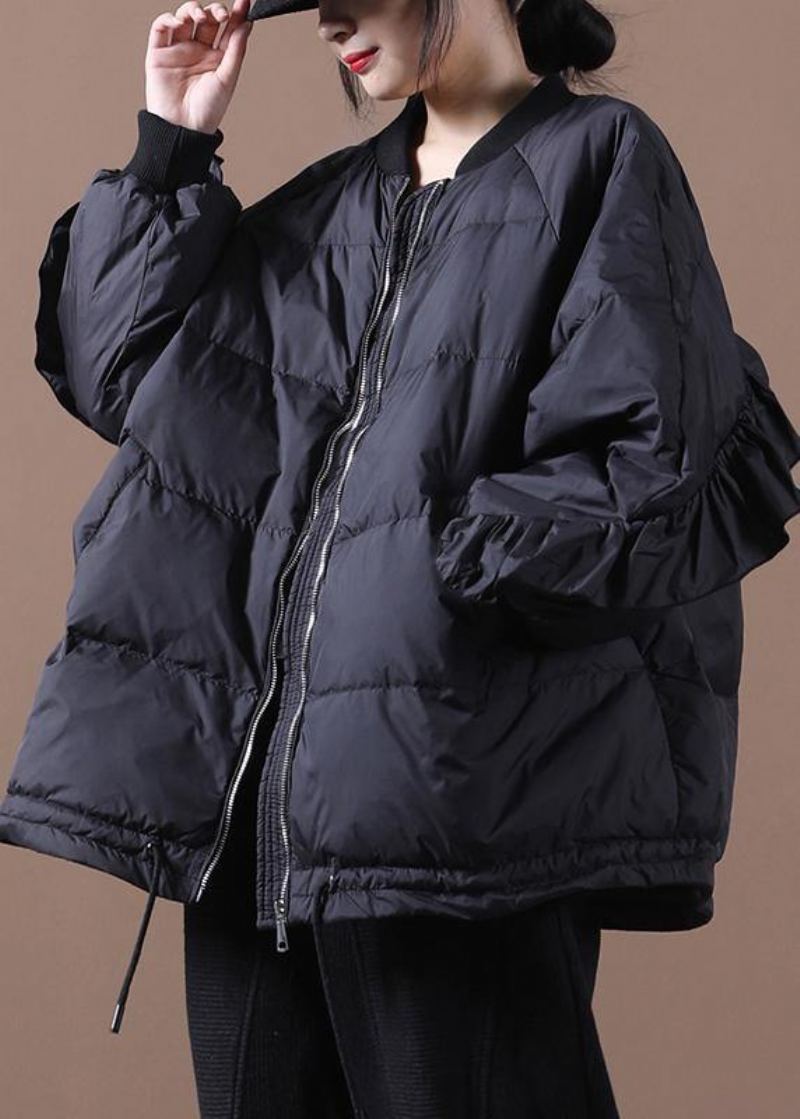 Manteau D'hiver Chaud Noir Décontracté Veste Surdimensionnée Col Montant À Volants Vestes Décontractée
