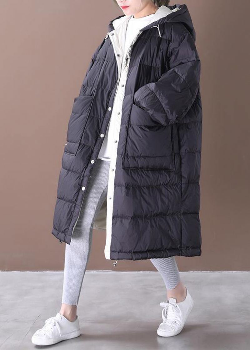 Manteau D'hiver Chaud Noir De Luxe Grande Taille Parka Femme Poches À Capuche Manteaux Chauds