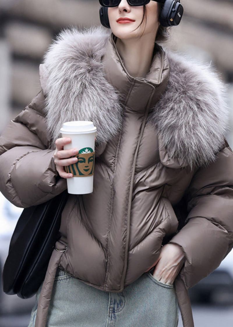 Manteau D'hiver En Duvet De Canard Gris Avec Col En Poils De Raton Laveur Boutique