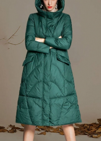 Manteau D'hiver En Duvet De Canard Vert Ajusté À Capuche Et Fermeture Éclair