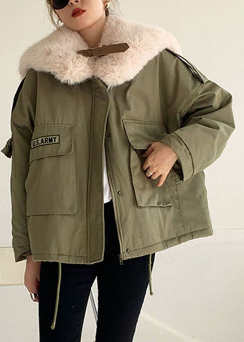 Manteau D'hiver Rempli De Coton Fin Avec Poches Et Col En Renard Vert