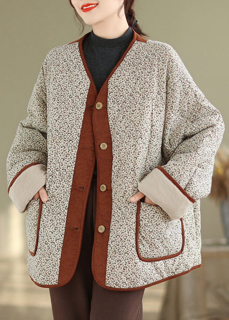 Manteau Polaire Chaud Imprimé Poches Abricot Vêtements D'extérieur Col En V Hiver