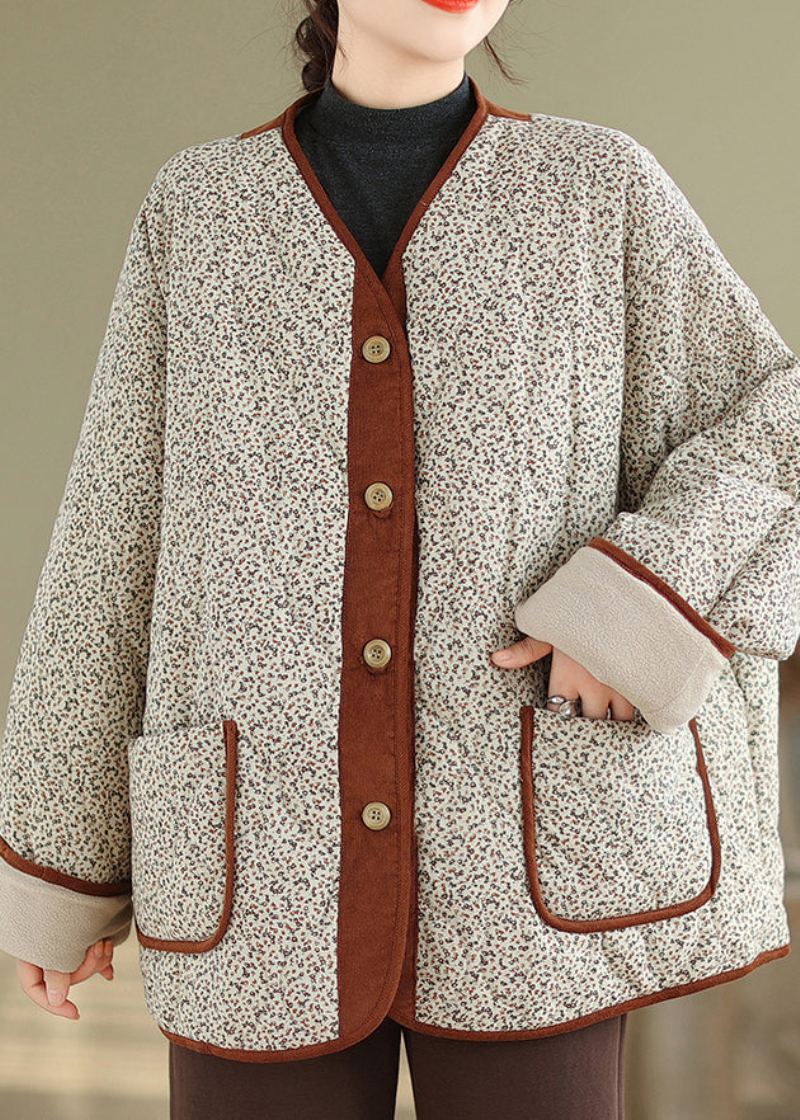 Manteau Polaire Chaud Imprimé Poches Abricot Vêtements D'extérieur Col En V Hiver - Doudounes femmes