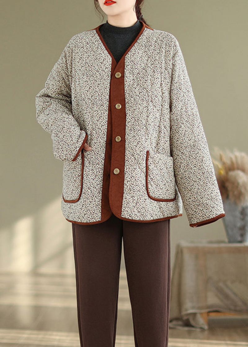 Manteau Polaire Chaud Imprimé Poches Abricot Vêtements D'extérieur Col En V Hiver - Doudounes femmes