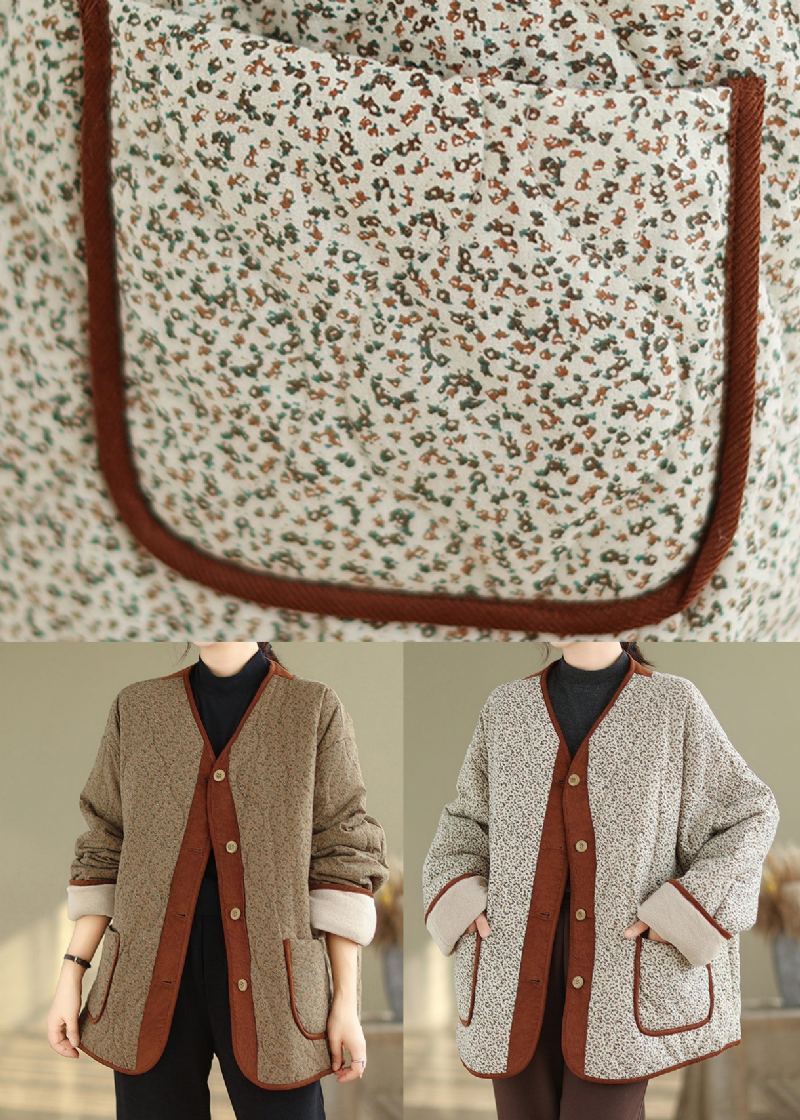 Manteau Polaire Chaud Imprimé Poches Abricot Vêtements D'extérieur Col En V Hiver - Doudounes femmes