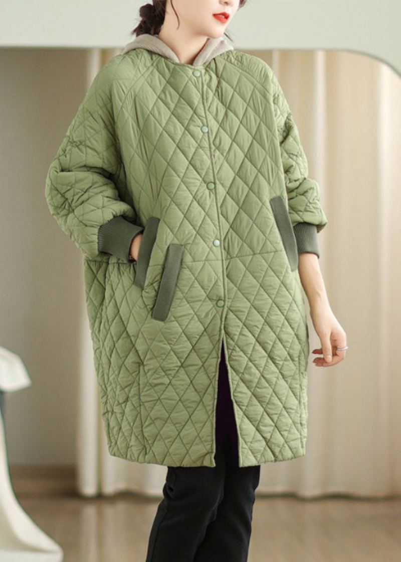 Manteau Surdimensionné Vert À Capuche Avec Poches En Coton Fin Pour L'hiver - Doudounes femmes