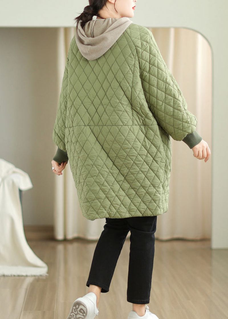 Manteau Surdimensionné Vert À Capuche Avec Poches En Coton Fin Pour L'hiver - Doudounes femmes