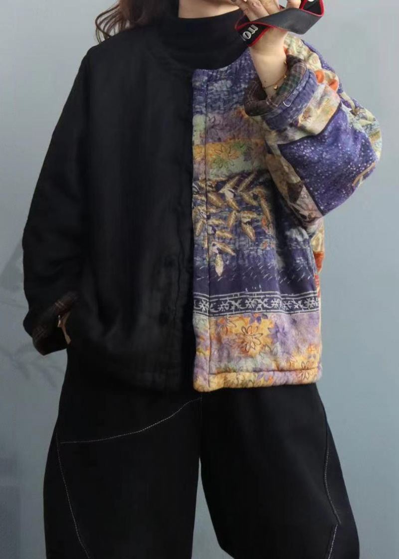 Manteaux En Coton Patchwork Imprimé Asymétrique Noir Ample Automne