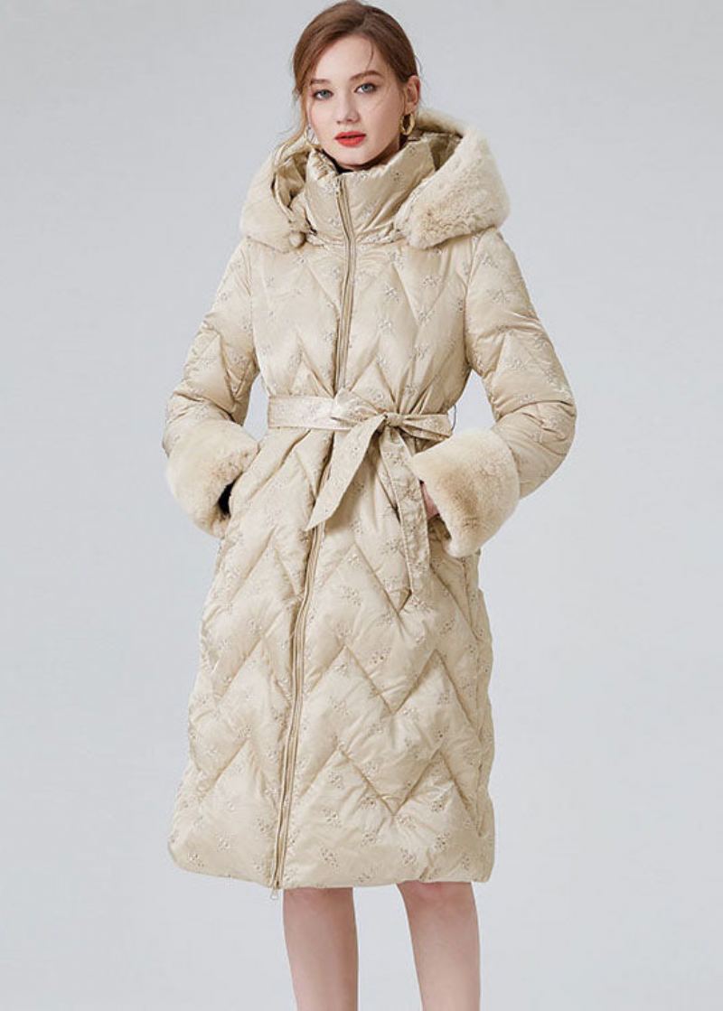 Manteaux En Duvet De Canard À Capuche Beige Moderne Col En Poils De Lapin Hiver - Doudounes femmes