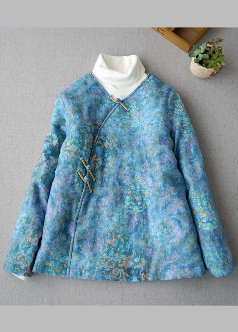 Manteaux D'hiver En Coton Fin Imprimé Bouton Bleu Col En V Grande Taille