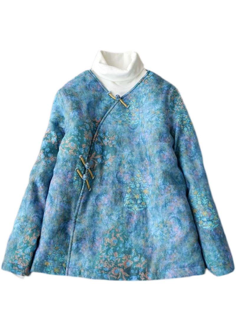 Manteaux D'hiver En Coton Fin Imprimé Bouton Bleu Col En V Grande Taille - Doudounes femmes