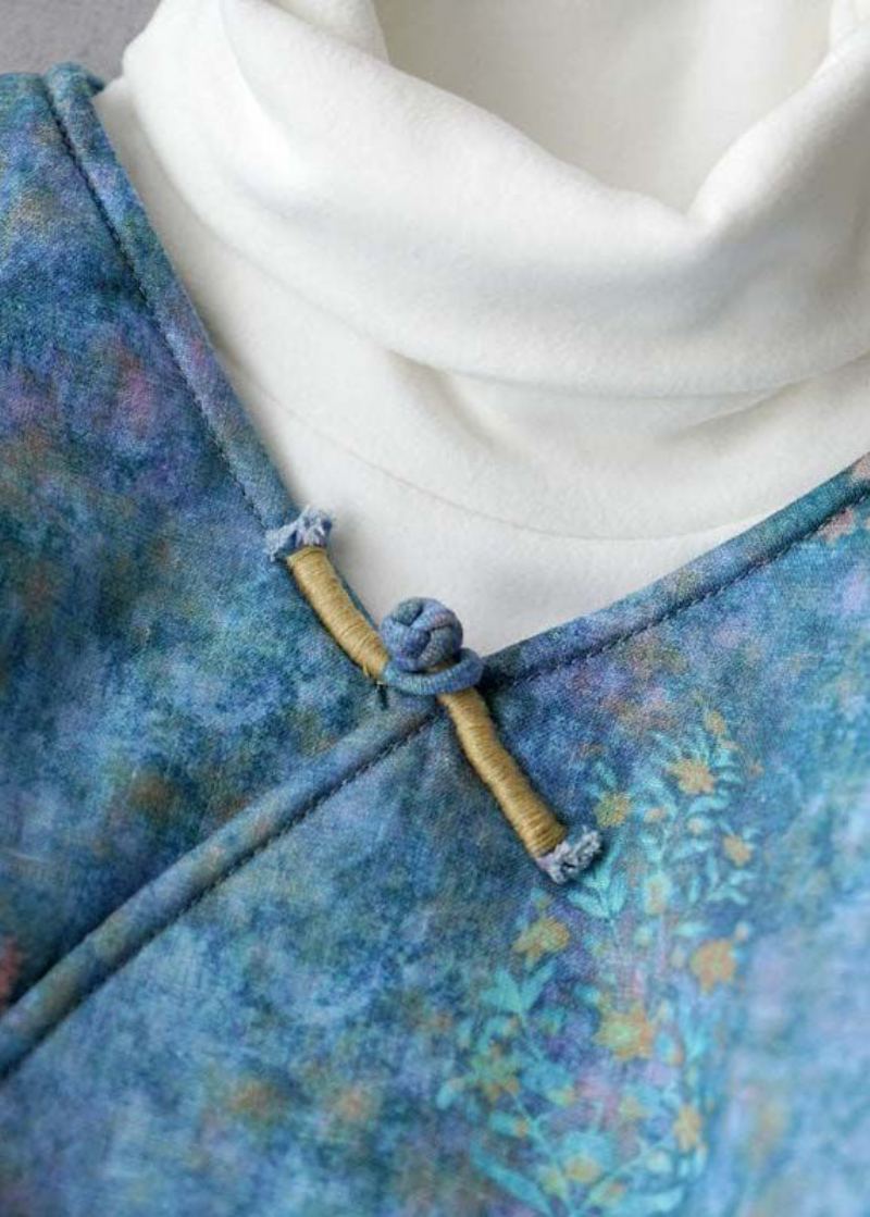 Manteaux D'hiver En Coton Fin Imprimé Bouton Bleu Col En V Grande Taille - Doudounes femmes