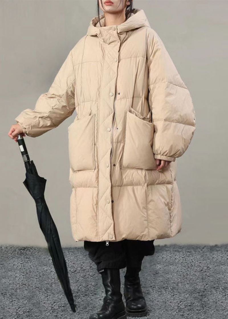 Manteaux D'hiver En Duvet De Canard Beige À Capuche Et Poches Solides De Grande Taille