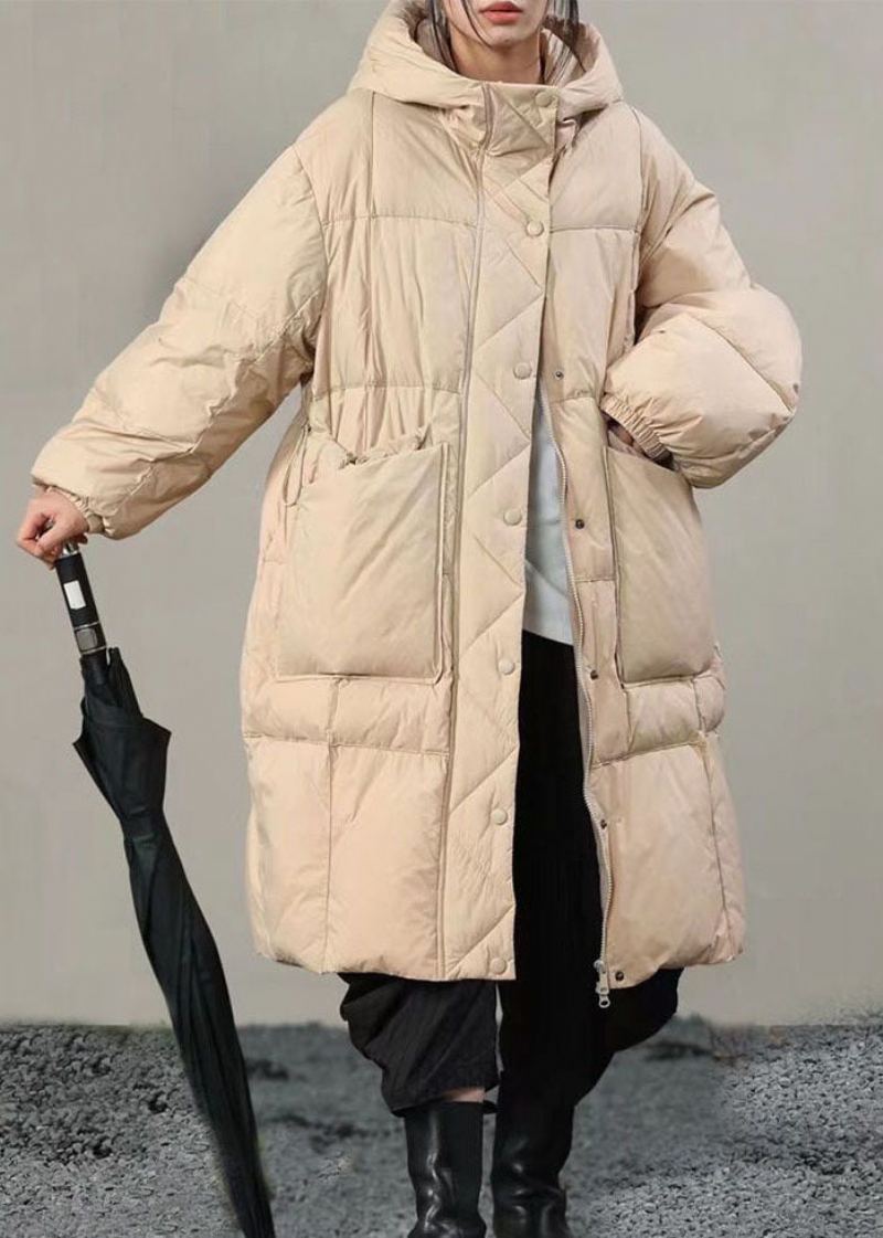 Manteaux D'hiver En Duvet De Canard Beige À Capuche Et Poches Solides De Grande Taille - Doudounes femmes