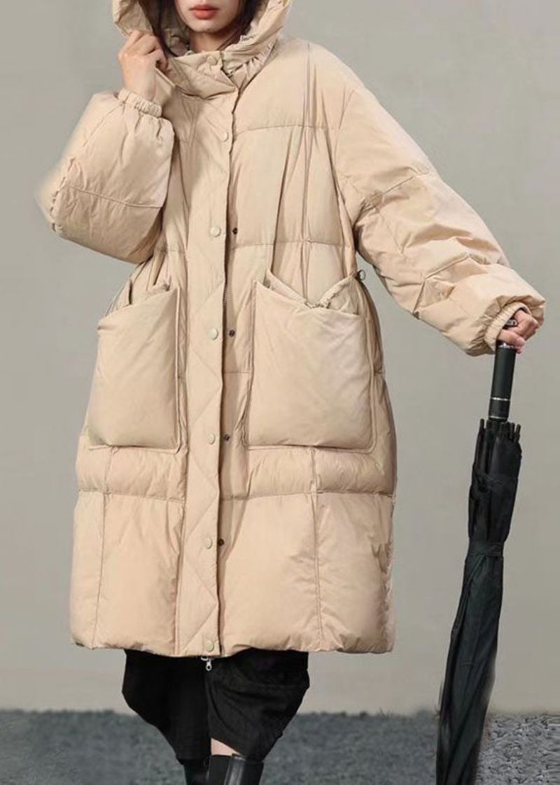 Manteaux D'hiver En Duvet De Canard Beige À Capuche Et Poches Solides De Grande Taille - Doudounes femmes