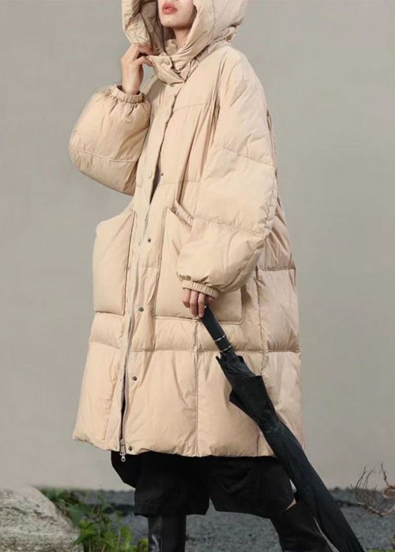 Manteaux D'hiver En Duvet De Canard Beige À Capuche Et Poches Solides De Grande Taille - Doudounes femmes