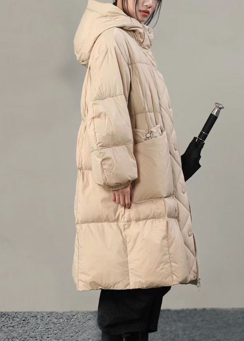 Manteaux D'hiver En Duvet De Canard Beige À Capuche Et Poches Solides De Grande Taille - Doudounes femmes