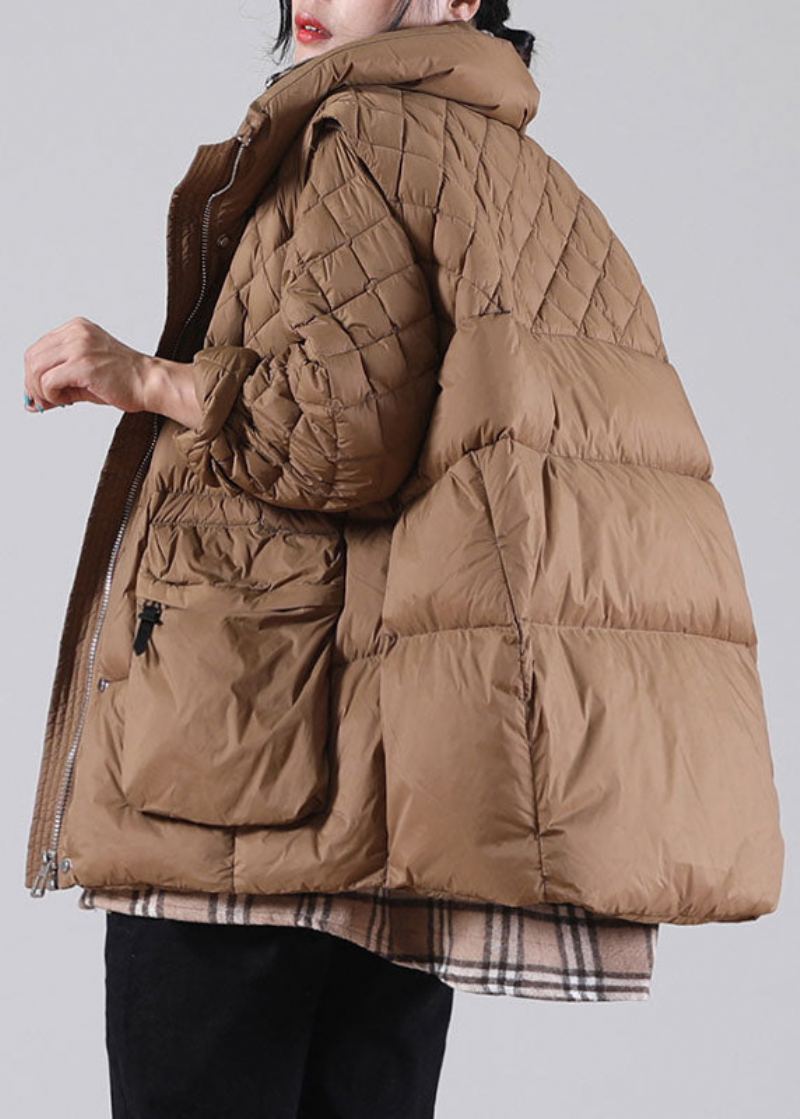 Manteaux D'hiver En Duvet De Canard Marron Avec Poches Zippées De Grande Taille - Doudounes femmes