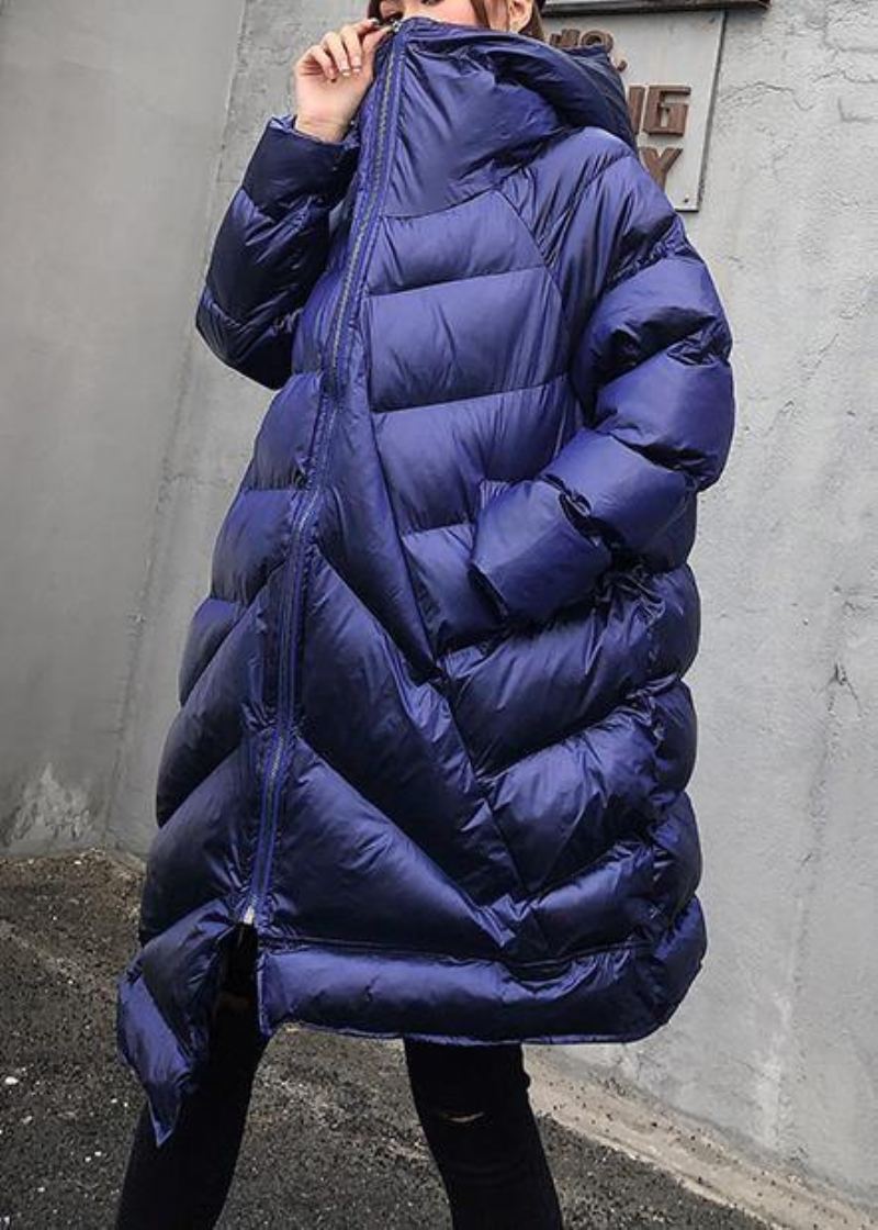 Manteaux D'hiver Élégants Grande Taille Parka Bleue À Capuche Et Fermeture Éclair Pour Femme