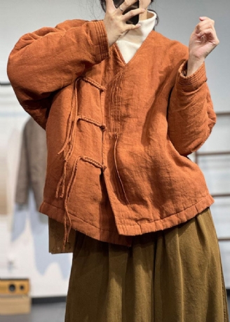 Manteaux D'hiver Vintage Orange À Col En V Et Froissés En Coton Fin