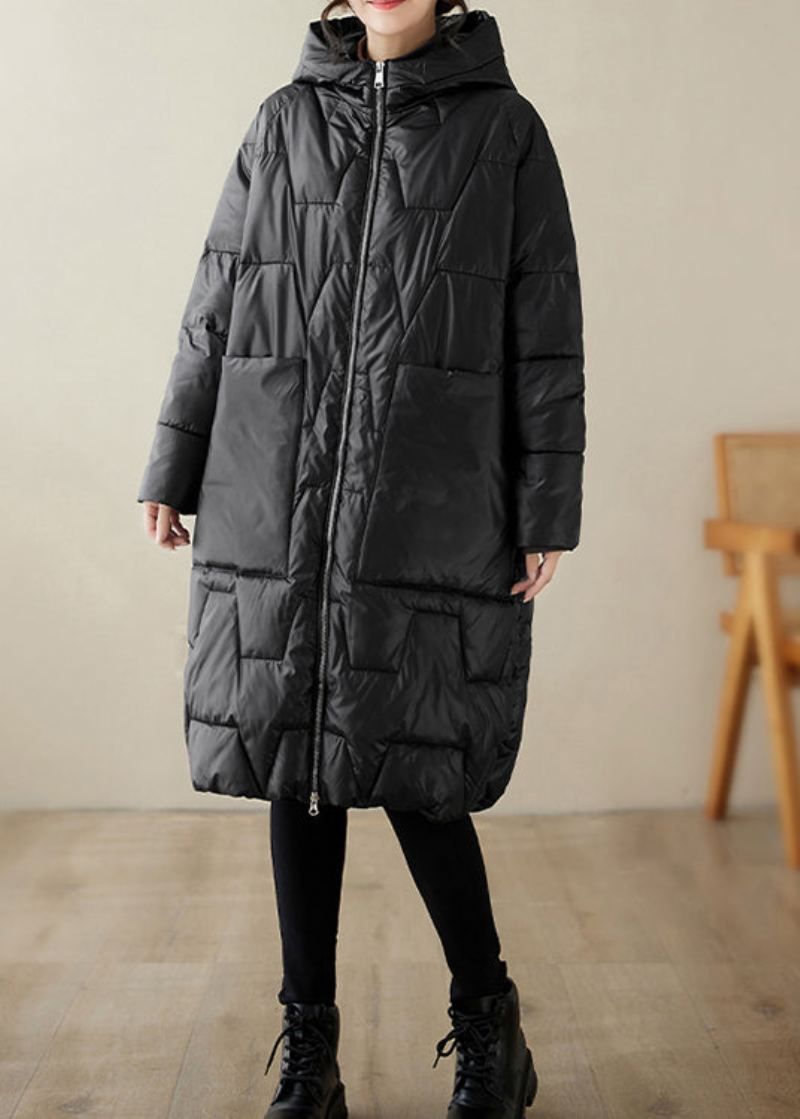 Manteaux Remplis De Coton Fin Avec Poches Noires Capuche Fermeture Éclair Hiver - Doudounes femmes