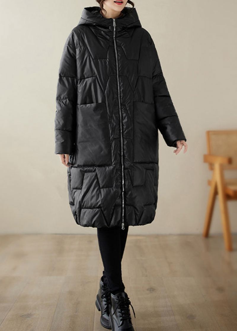Manteaux Remplis De Coton Fin Avec Poches Noires Capuche Fermeture Éclair Hiver - Doudounes femmes