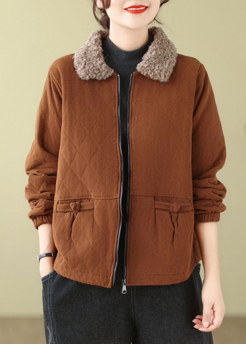 Nouveau Caramel Fermeture Éclair Teddy Fausse Fourrure Patchwork Coton Rempli Parka - Doudounes femmes