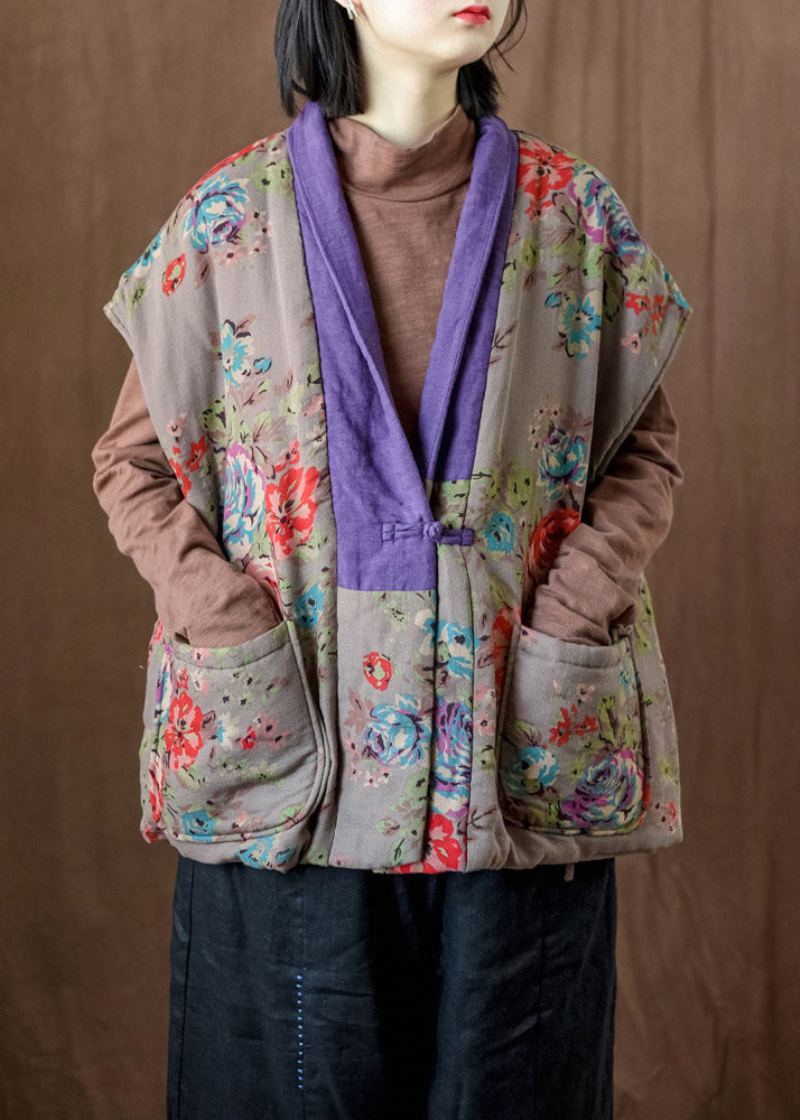 Parka Ample Kaki À Col En V Et Boutons Imprimés En Soie Et Coton Gilet D'hiver - Doudounes femmes