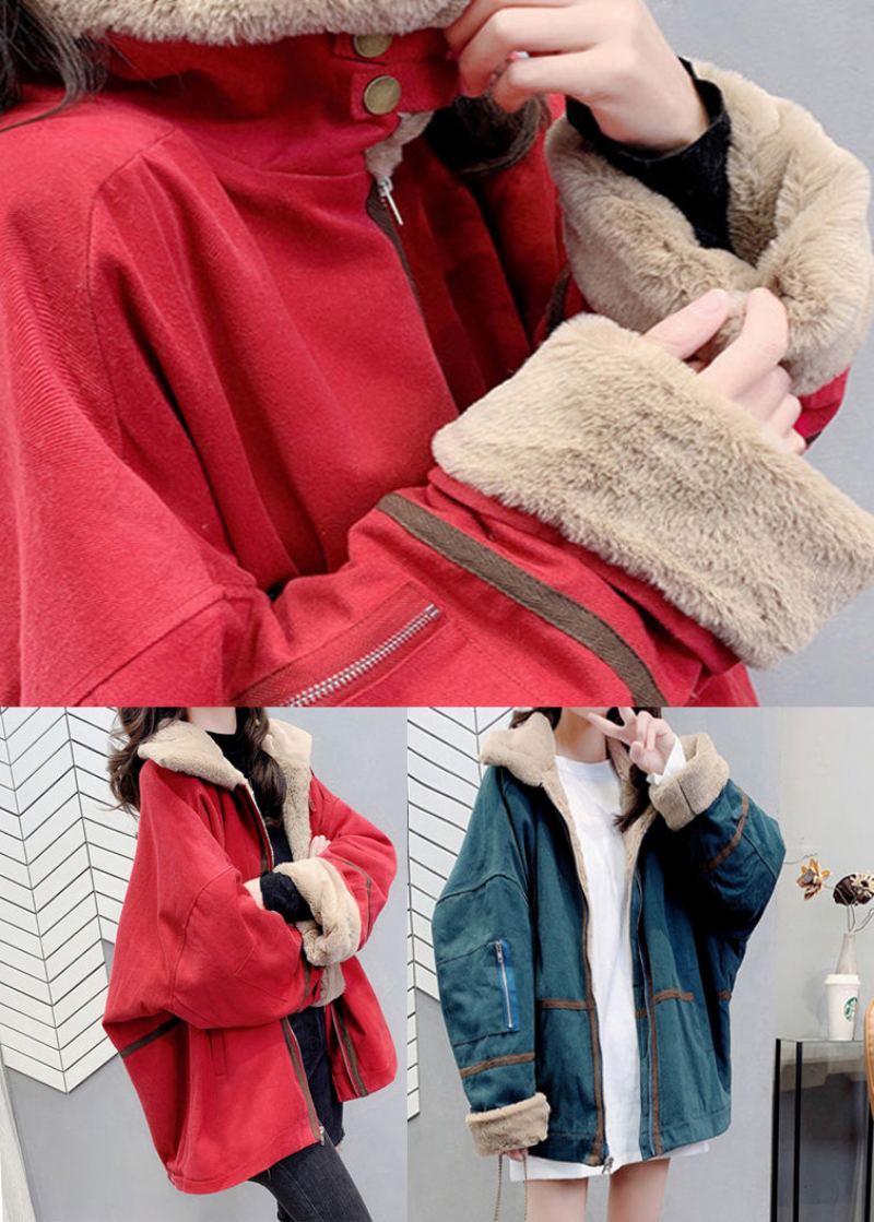 Parka Chaude En Polaire Avec Col Peter Pan Rouge Et Fermeture Éclair Pour L'hiver - Rouge